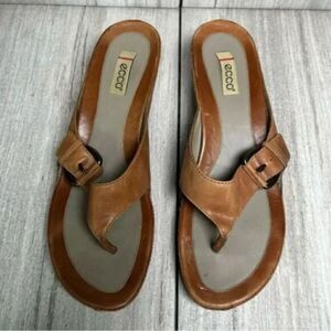 ECCO Brown Leather Slip On Slides Thong Flip Flop Sandals Buckle Women 11 EUR 42